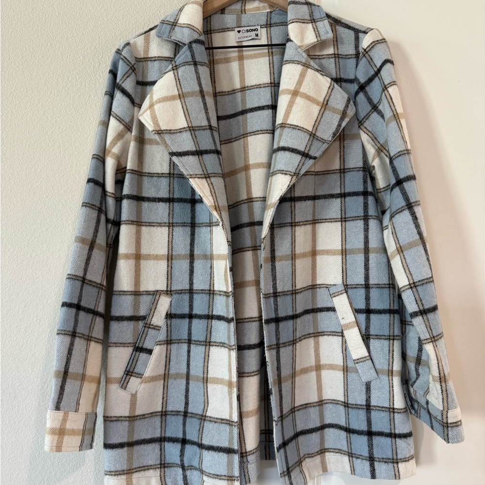 Ci Sono Plaid Coat in Light Blue and Cream